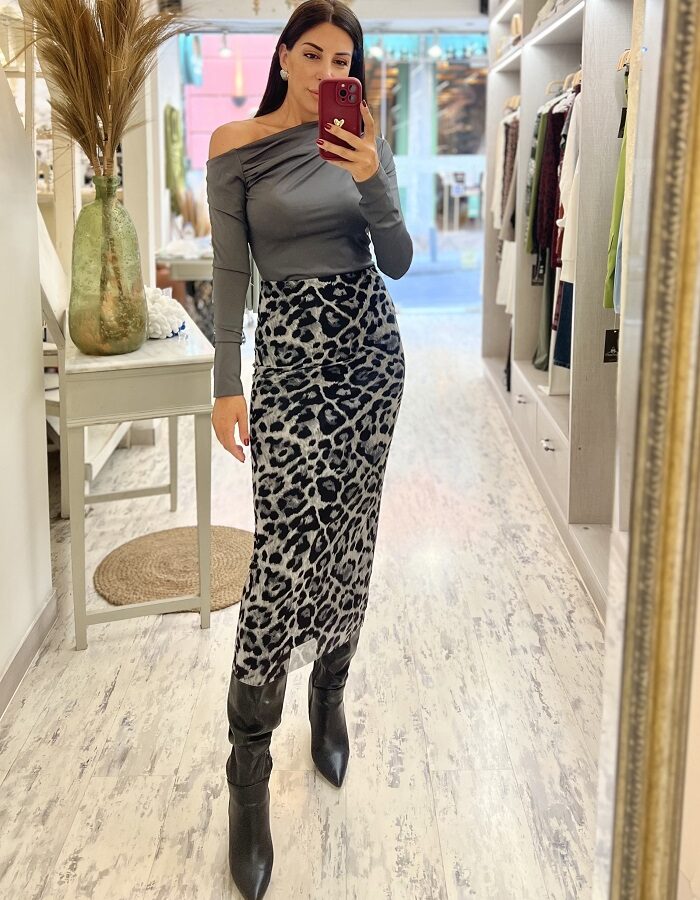 Leopar midi φούστα με τούλι γκρι