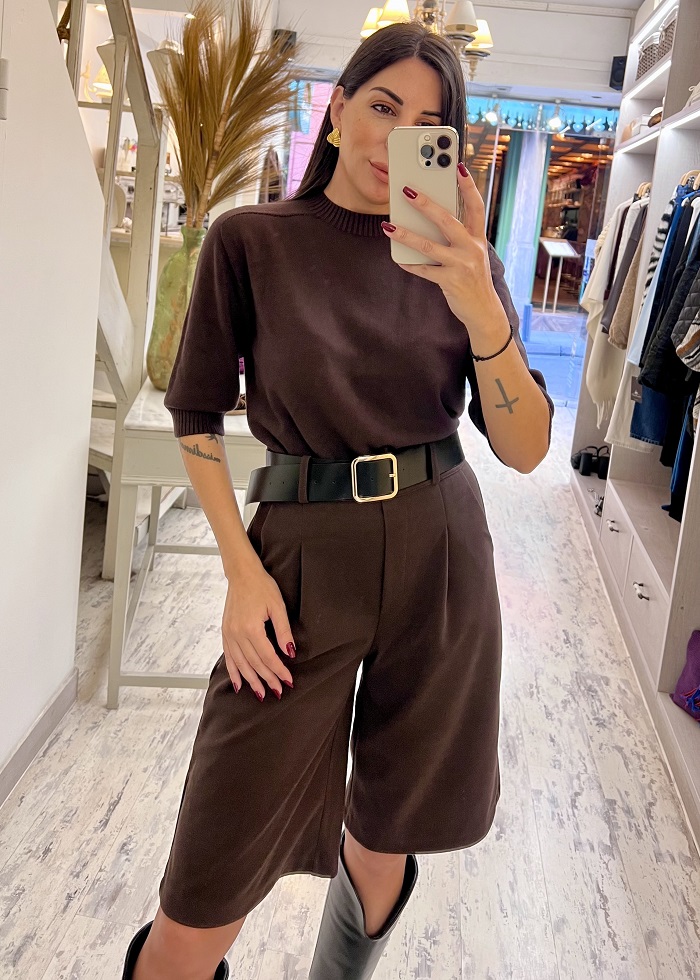 Rita βερμούδα μάλλινη σοκολά με ζώνη