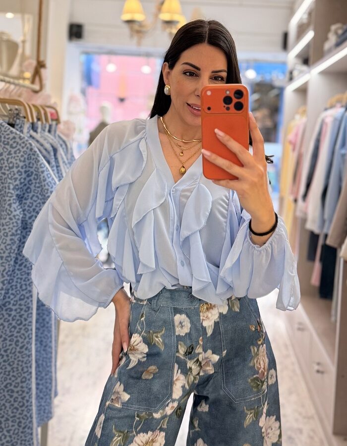 Camelia πουκάμισο με βολάν γαλάζιο