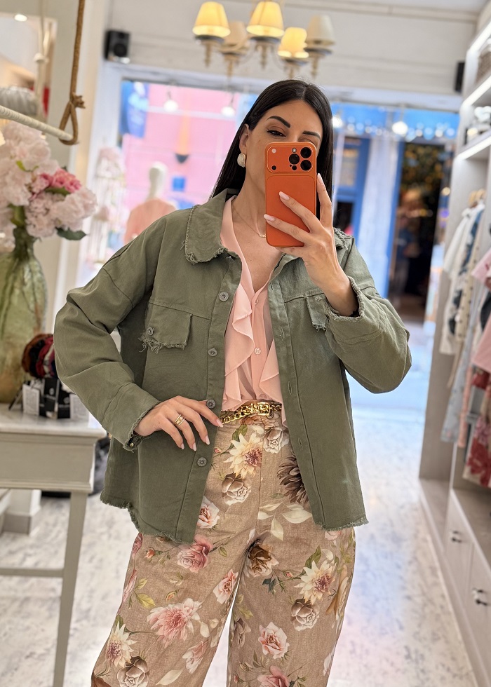 Monica τζάκετ χακί με ξέφτια στο τελείωμα