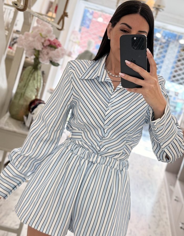 Stripes σετ σορτς με πουκάμισο & φιόγκο στην πλάτη γαλάζιο