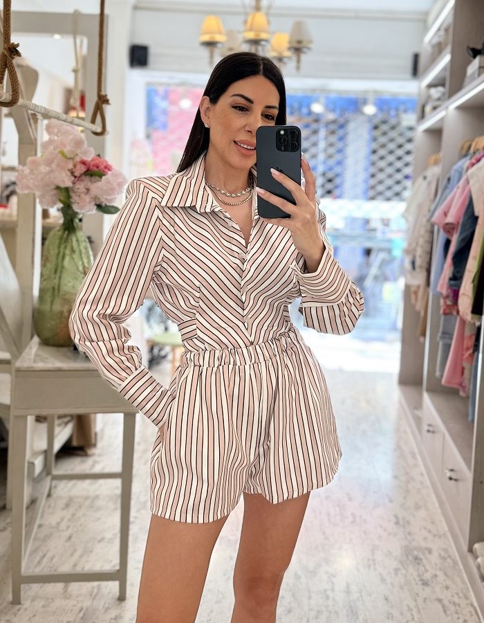 Stripes σετ σορτς με πουκάμισο & φιόγκο στην πλάτη μπεζ