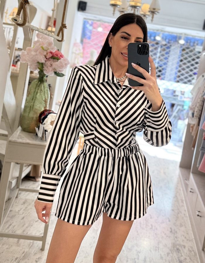 Stripes σετ σορτς με πουκάμισο & φιόγκο στην πλάτη μαύρο