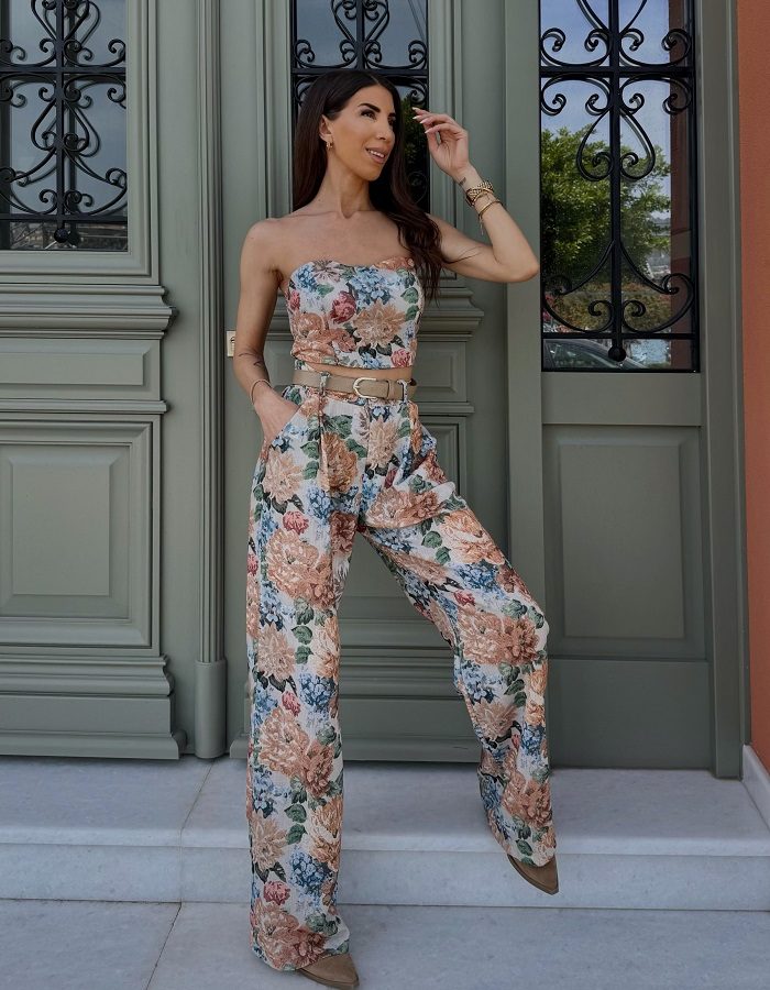 Zenia σετ floral μπεζ παντελόνα - τοπ
