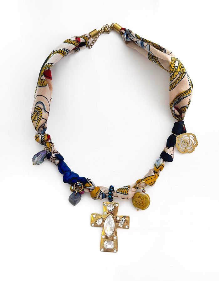 Boho cross charm από μεταξωτό μαντήλι