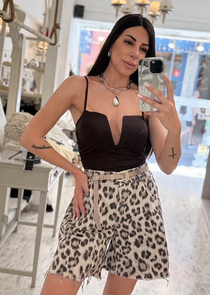 Leopard τζιν σορτς μπεζ