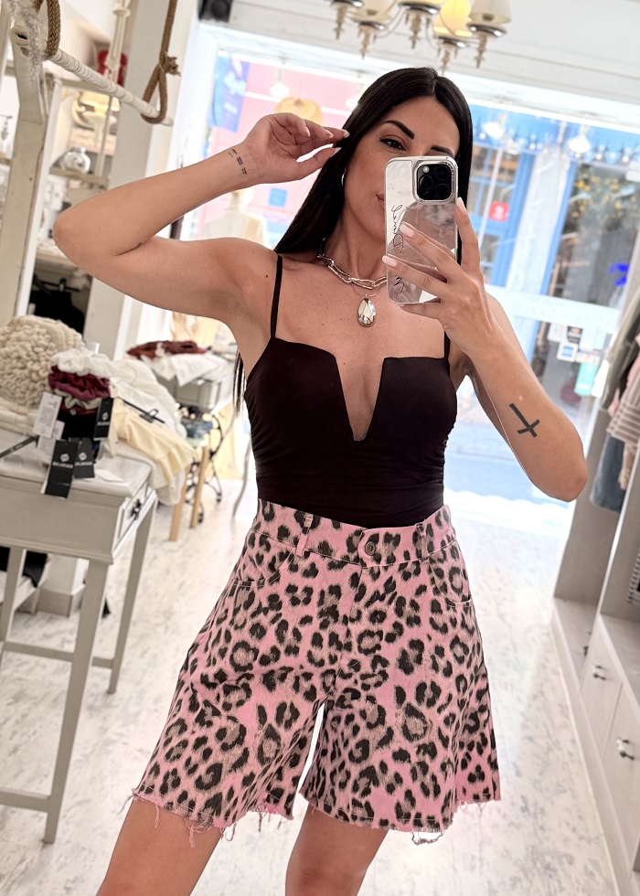 Leopard τζιν σορτς ροζ