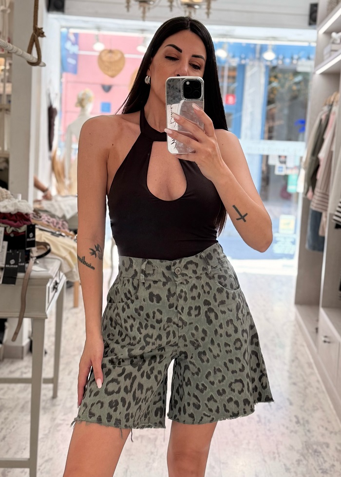 Leopard τζιν σορτς χακί