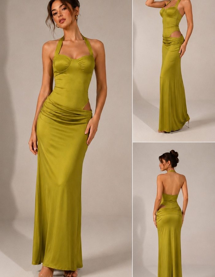 Luna φόρεμα maxi cut out λαδί