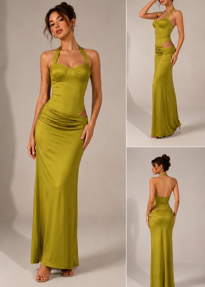 Luna φόρεμα maxi cut out λαδί