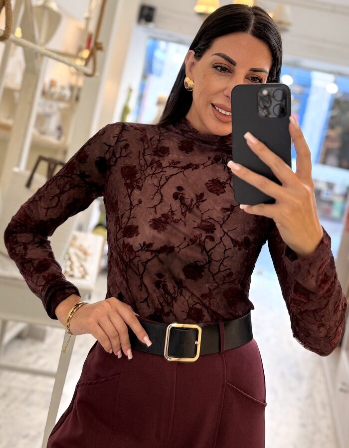 Isabella ημιδιάφανη μπλούζα από ελαστικό τούλι μπορντό