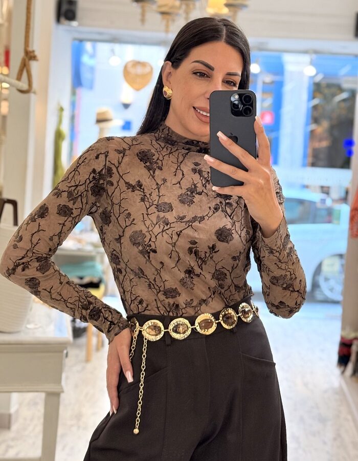 Isabella ημιδιάφανη μπλούζα από ελαστικό τούλι καφέ