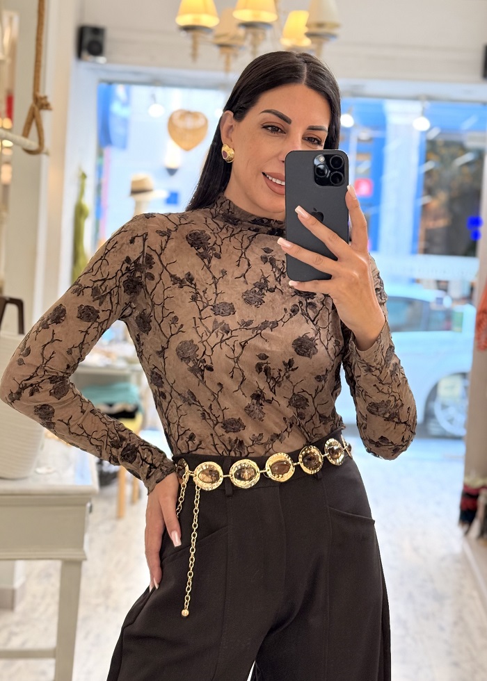 Isabella ημιδιάφανη μπλούζα από ελαστικό τούλι καφέ