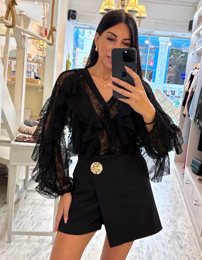 Estelle πουκάμισο με δαντέλα και βολάν μαύρο