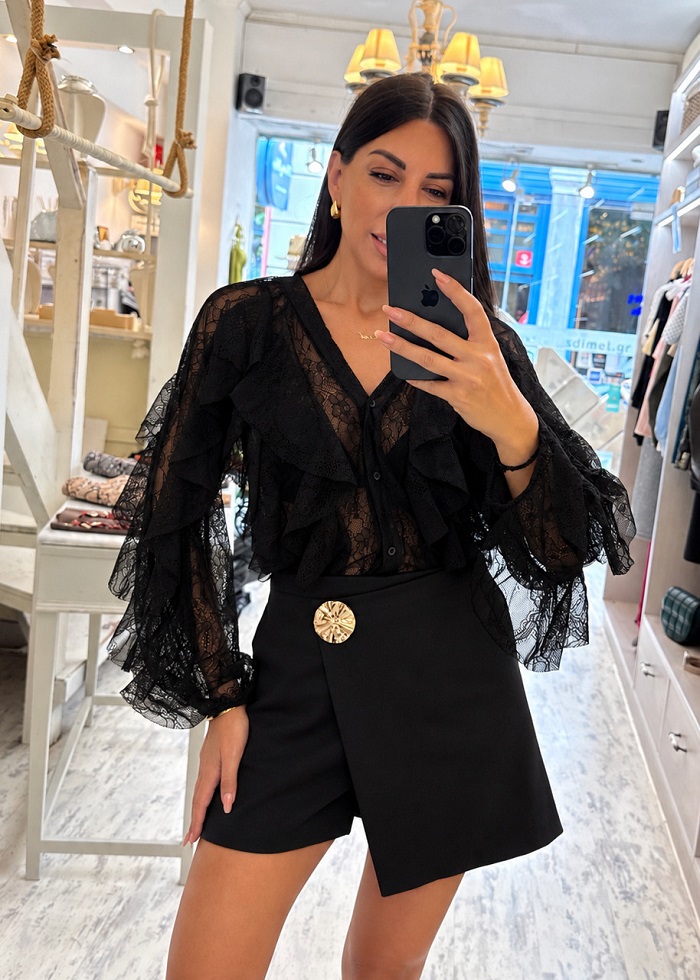 Estelle πουκάμισο με δαντέλα και βολάν μαύρο