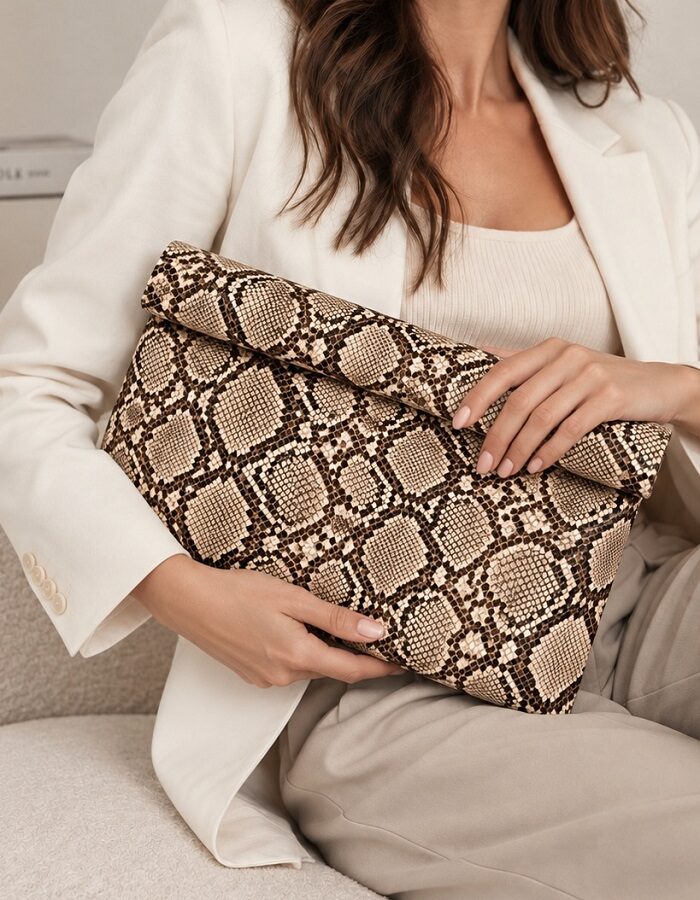 Τσάντα φάκελος snake print μπεζ