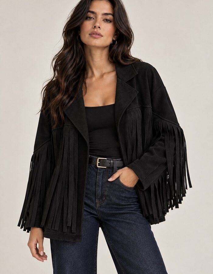 Western jacket σουέτ μαύρο με κρόσια
